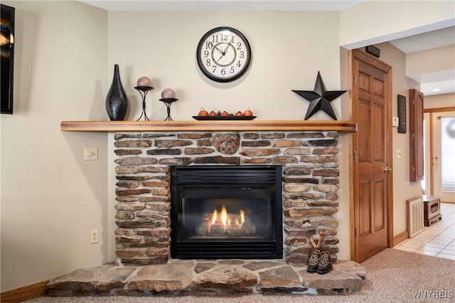 details with carpet flooring and a fireplace