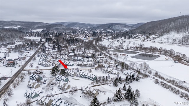 snowy aerial view featuring a mountain view