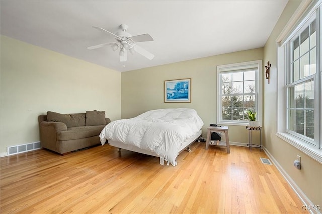 bedroom featuring light hardwood / wood-style flooring and ceiling fan