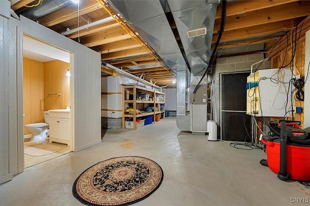 basement featuring heating unit