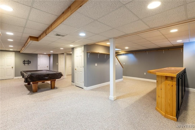 game room featuring carpet and billiards