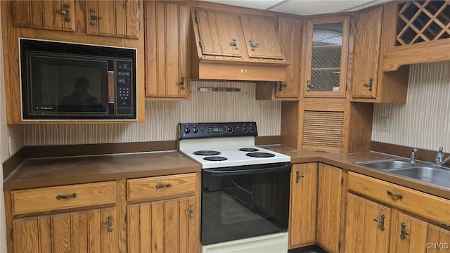 kitchen featuring white range with electric cooktop, black microwave, and sink