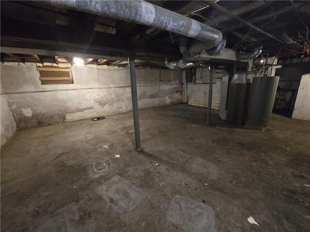 basement with heating unit and water heater