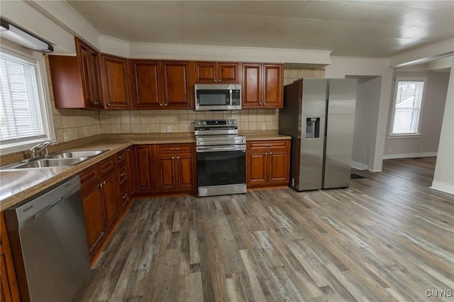 kitchen featuring backsplash, sink, stainless steel appliances, and dark wood-type flooring