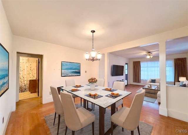 dining space featuring light hardwood / wood-style flooring and ceiling fan with notable chandelier