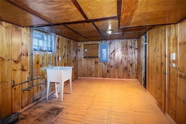 interior space featuring electric panel, wooden walls, and wood ceiling