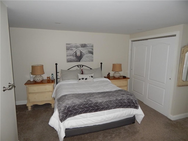 bedroom featuring dark colored carpet and a closet