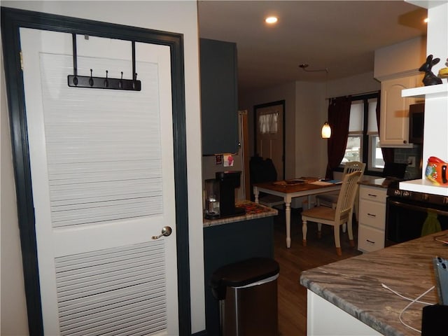 kitchen with white cabinetry, black electric range, and dark hardwood / wood-style floors