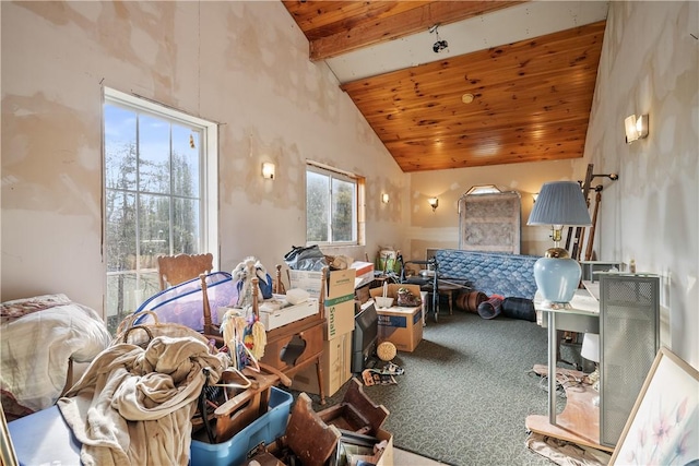 bedroom featuring beam ceiling, carpet floors, high vaulted ceiling, and wooden ceiling