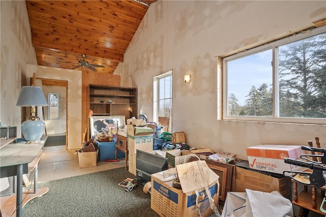 misc room featuring tile patterned floors, ceiling fan, wood ceiling, and high vaulted ceiling