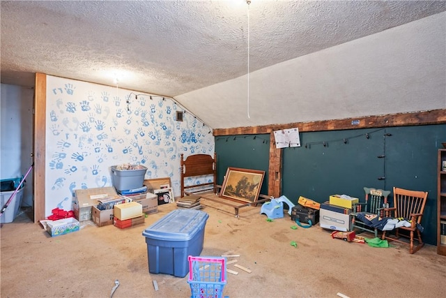 interior space with vaulted ceiling, carpet, and a textured ceiling