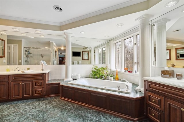 bathroom featuring vanity, independent shower and bath, and ornamental molding