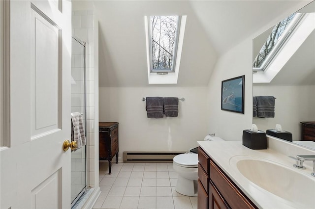 bathroom with toilet, baseboard heating, walk in shower, and vaulted ceiling