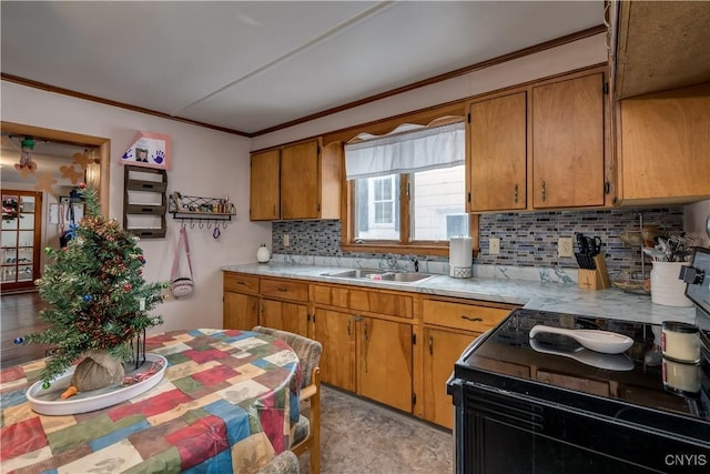 kitchen with backsplash, crown molding, sink, and black electric range oven