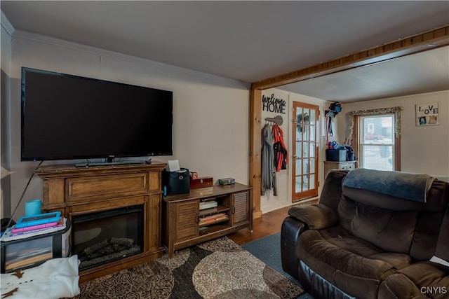 living room with crown molding and dark hardwood / wood-style floors