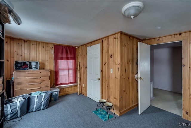 interior space featuring dark carpet and wood walls