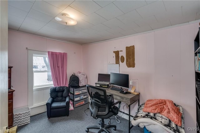 carpeted office space featuring crown molding