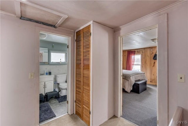 corridor with light colored carpet and wooden walls