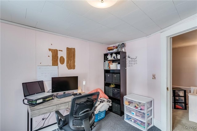 carpeted office featuring crown molding