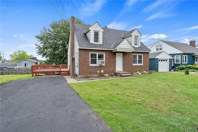 view of front of home featuring a wooden deck, cooling unit, and a front yard