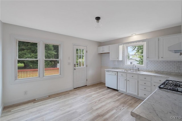 kitchen with dishwasher, white cabinetry, sink, and tasteful backsplash