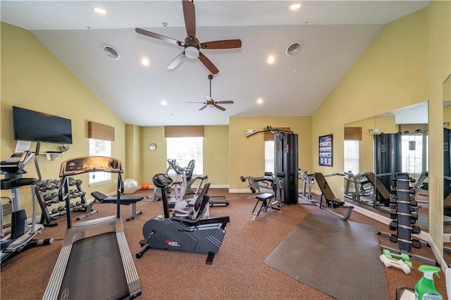 workout area with ceiling fan and lofted ceiling