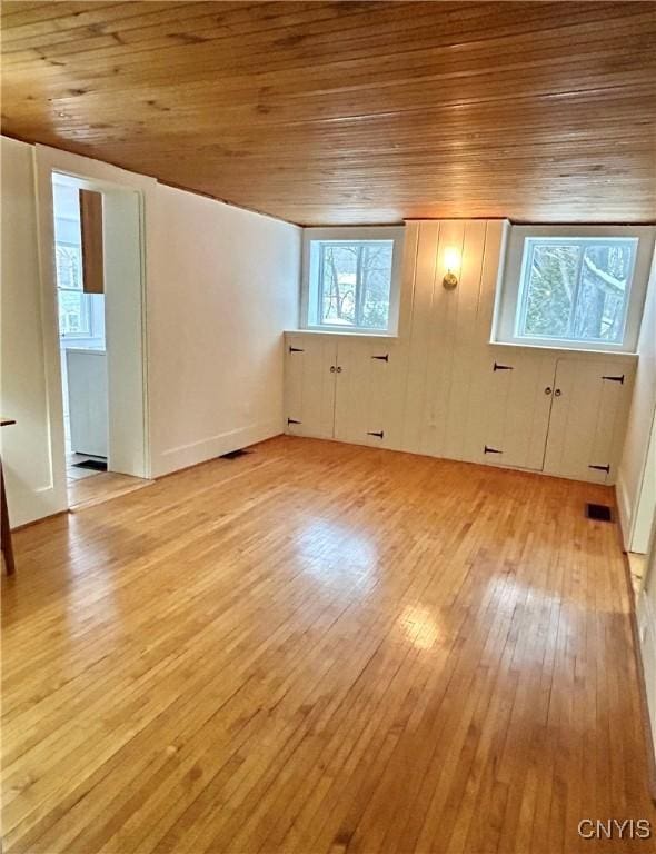 interior space with light wood-type flooring and wood ceiling