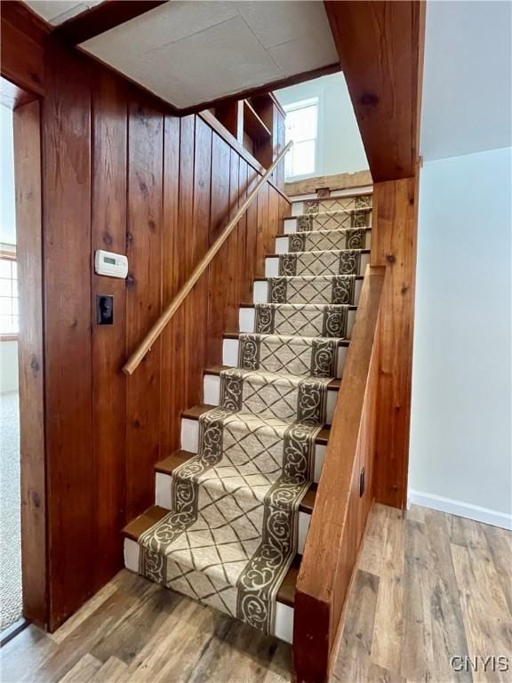 stairs featuring wood walls and hardwood / wood-style floors