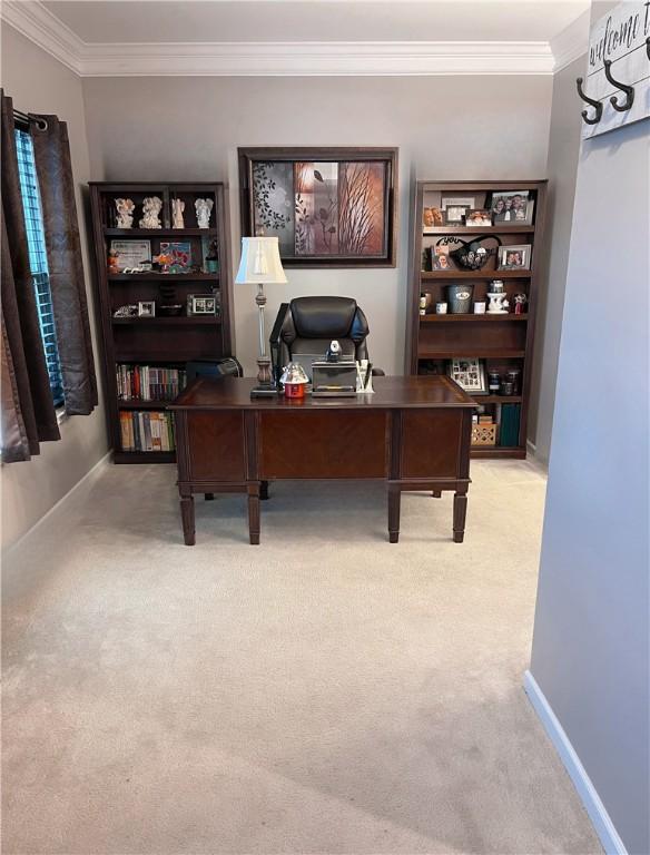 office with light colored carpet and crown molding