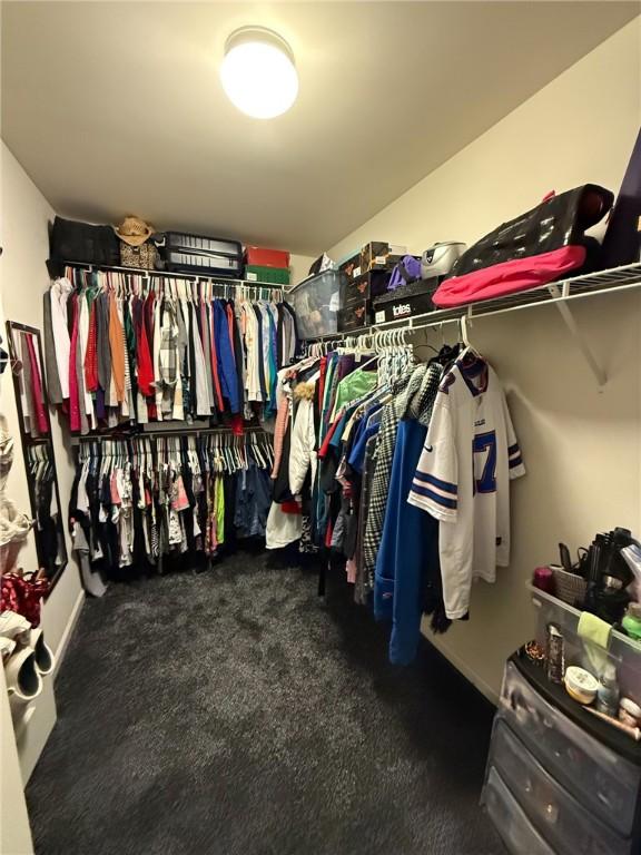 walk in closet featuring dark carpet