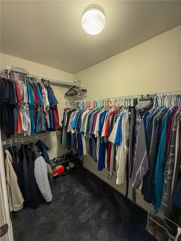 walk in closet with dark carpet