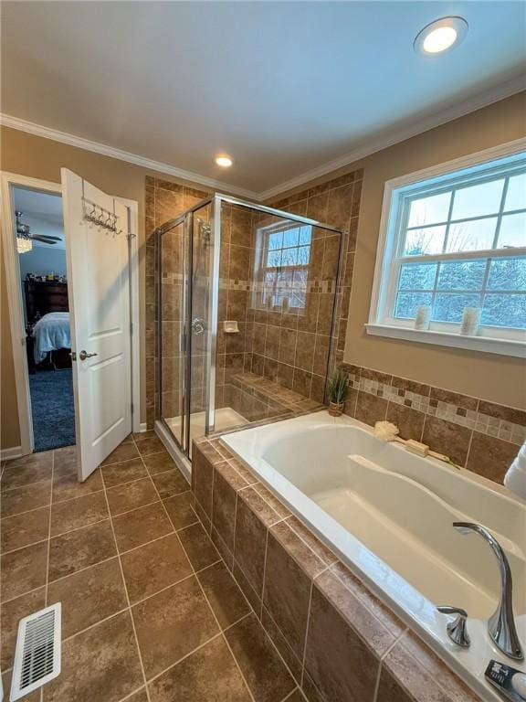 bathroom with tile patterned floors, plus walk in shower, and ornamental molding