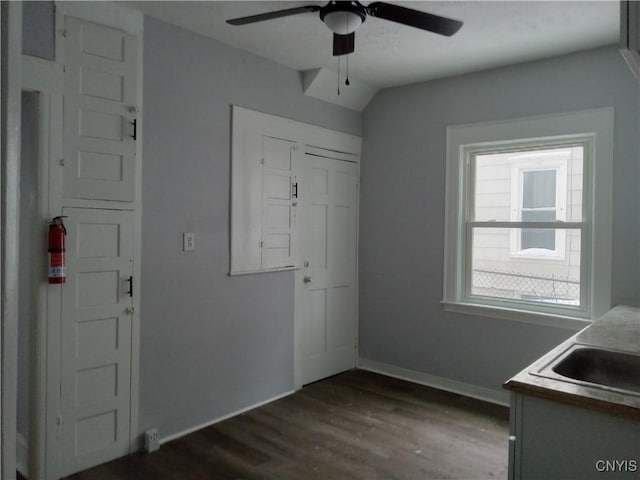 entryway with ceiling fan, sink, and dark hardwood / wood-style floors