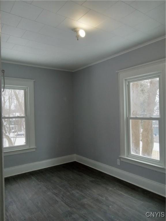 empty room featuring dark hardwood / wood-style floors, a healthy amount of sunlight, and crown molding