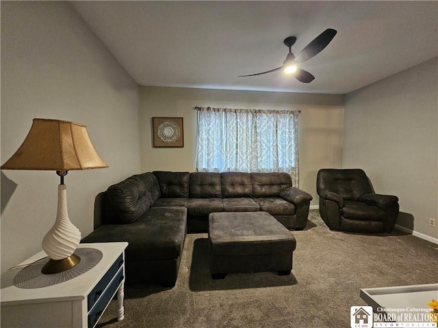 living room with ceiling fan and carpet floors