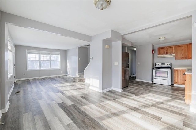 kitchen featuring electric stove and light hardwood / wood-style flooring