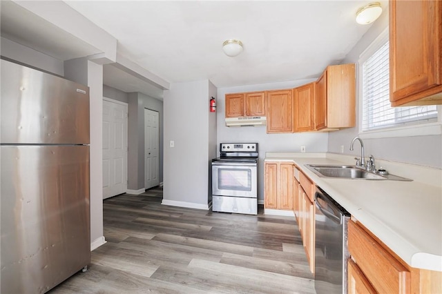 kitchen featuring stainless steel appliances, light hardwood / wood-style flooring, and sink