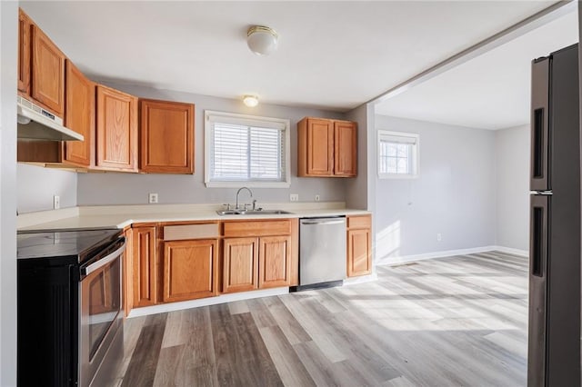 kitchen featuring light wood-type flooring, stainless steel appliances, a wealth of natural light, and sink