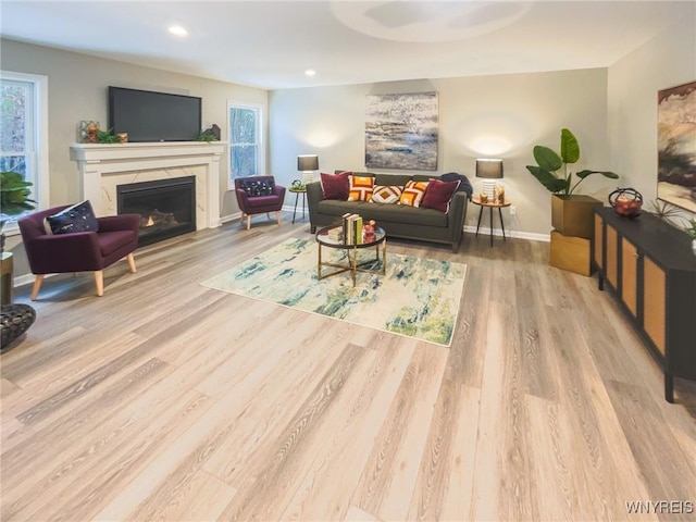 living room featuring light wood-type flooring and a fireplace