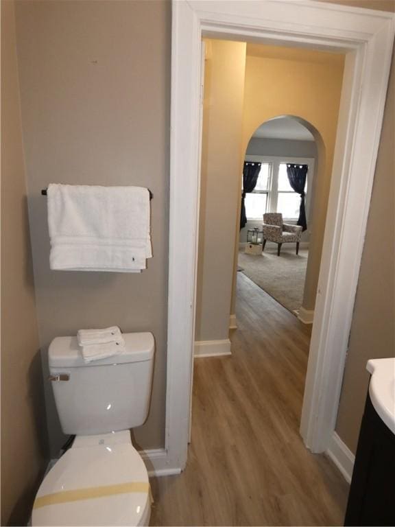 bathroom with vanity, wood-type flooring, and toilet