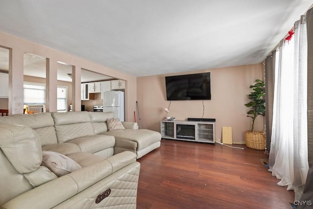 living room with dark hardwood / wood-style floors and a healthy amount of sunlight