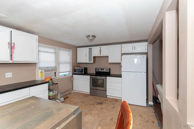 kitchen with stainless steel appliances, white cabinetry, and cooling unit