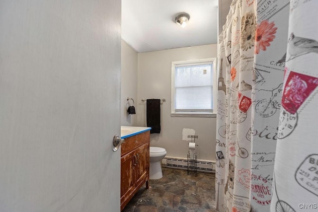 bathroom featuring vanity, curtained shower, toilet, and baseboard heating