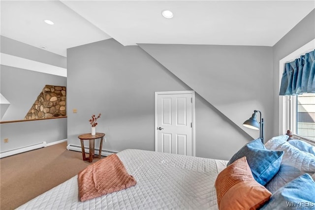 carpeted bedroom featuring a baseboard radiator, baseboards, and recessed lighting