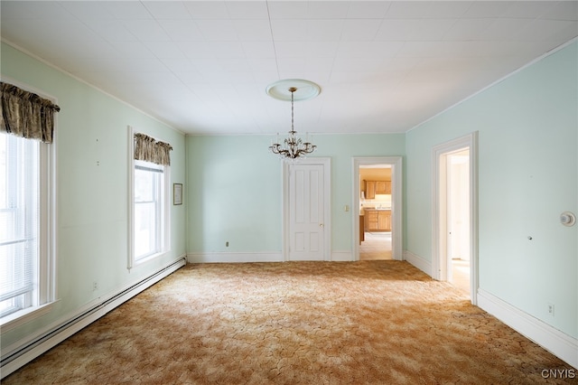 unfurnished room with baseboard heating, light carpet, plenty of natural light, and a chandelier