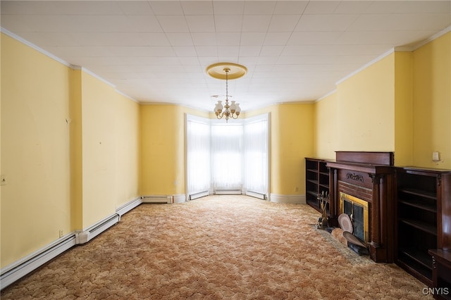 carpeted living room with crown molding, a baseboard radiator, and a chandelier