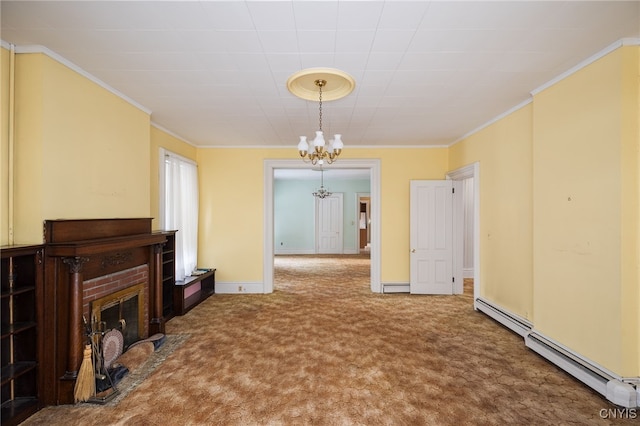 living room featuring a chandelier, carpet, a fireplace, and crown molding