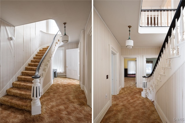 corridor featuring carpet and wood walls