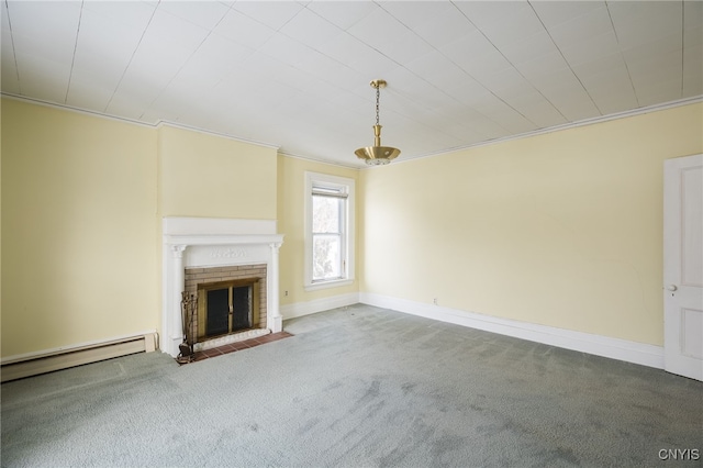 unfurnished living room featuring carpet flooring, a baseboard radiator, a fireplace, and crown molding