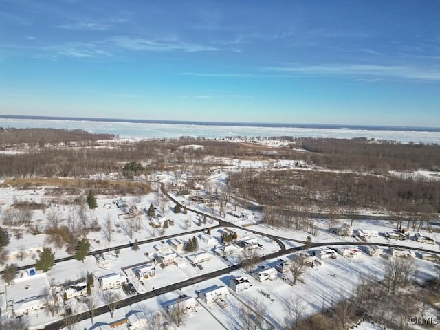 snowy aerial view with a water view